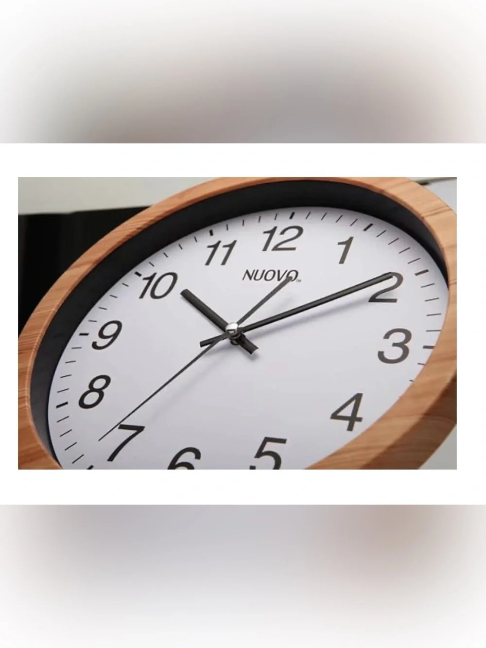 NUOVO Wall Clock with White Face and Wood-Tone Frame 10 inch